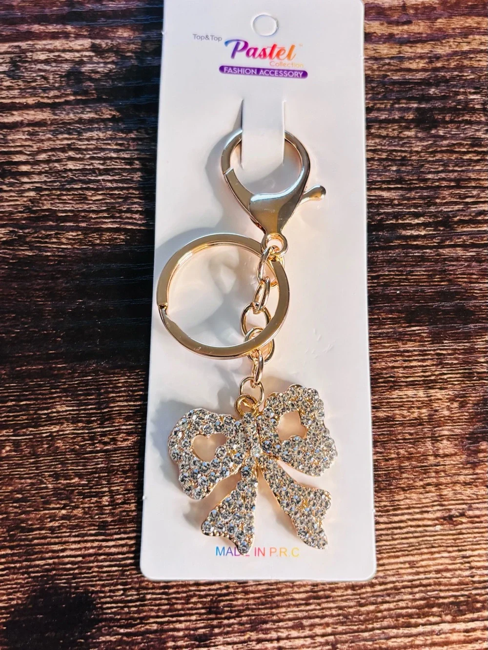 Crystal Rhinestone Bow Keychain -‎ Gold Tone